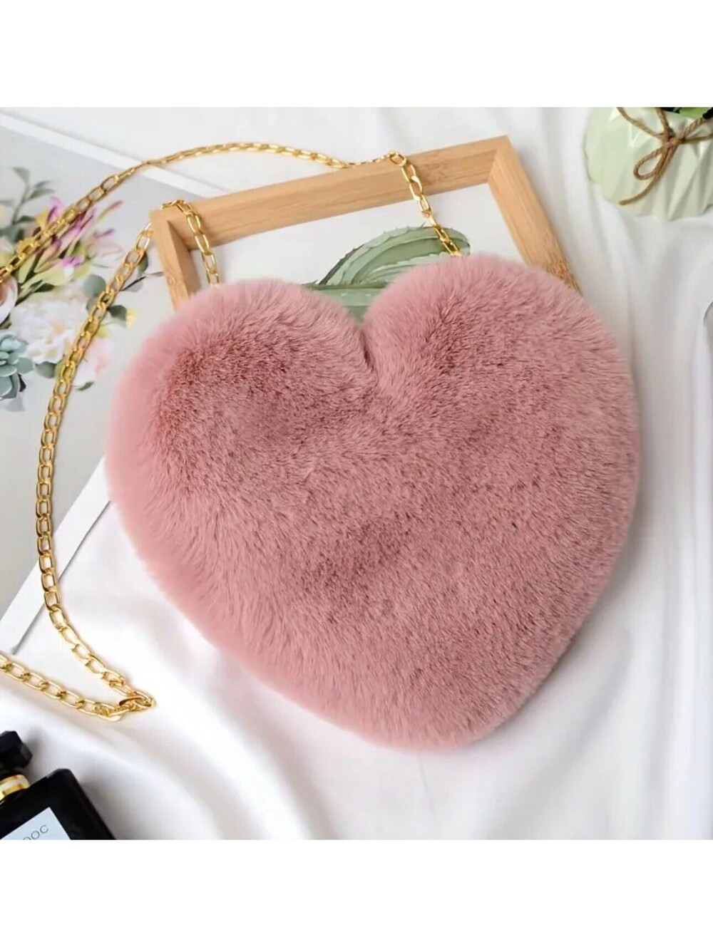 Heart Shaped Fluffy Faux Fur Purse Pink